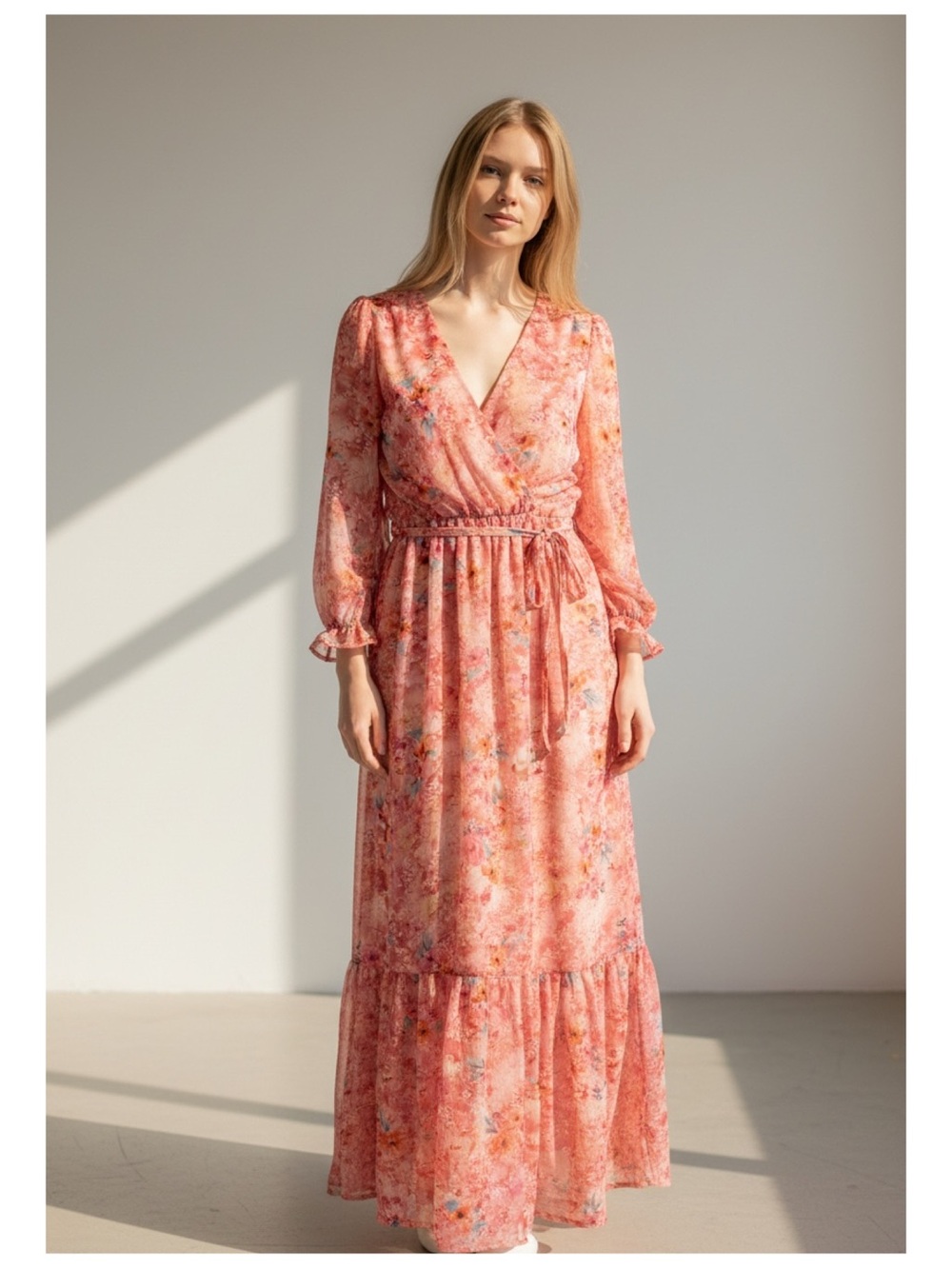 Anna Kay Belted Floral Wrap Maxi Dress Women's L Pink Romantic